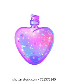 Magic potion: heart-shaped bottle with glowing stars inside. Greeting  Card. Vector illustration isolated on white. Valentine's day concept. 