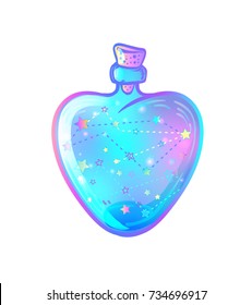Magic potion: heart-shaped bottle with glowing stars inside. Greeting  Card. Vector illustration isolated on white. Valentine's day concept. 