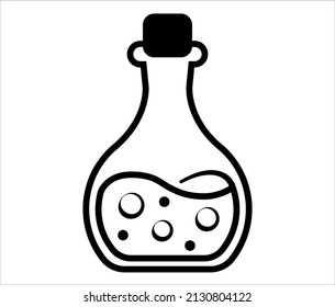 Magic potion icon. Bottle with liquid outline illustration. Vector line art icon, liquid in glass bottle with bubbles. Laboratory chemical equipment symbol.	