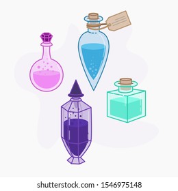 Magic Potion Illustration Bundle. Pink, Blue, Purple and Mint Bottle. Pastel Color Potion. 