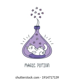 Magic Potion. Illustration of a cute white cat sitting in the magic bottle isolated on a white background. Vector 10 EPS.