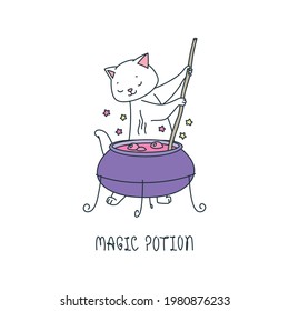 Magic Potion. Illustration of a cute white cat making magic potion in a big cauldron. Vector 10 EPS.