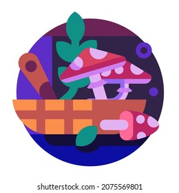 Magic potion ingredients in bow with mortar and pestle. Fly Agaric Mushroom and herbs flat design icon. Witches brew, elixir or poison recipe for game design.