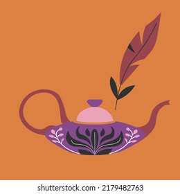 Magic potion in kettle, isolated pot with ornaments and decoration, brewing and boiling liquid. Feather and kitchenware, mystical and witchcraft ingredients. Teapot with tea. Vector in flat style