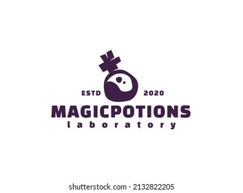 Magic Potion Logo. Purple Bottle Potion With Fluid Logo