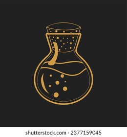 Magic potion logo template, alchemy. Vector emblem of essential oils, aromatherapy. Trendy boho design with elixir bottle, gold outline on black background.