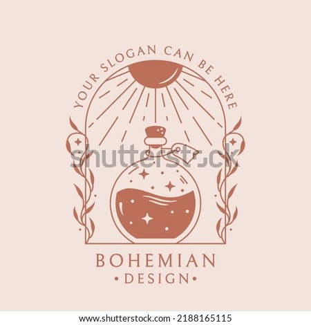 Magic potion logo template. Vector emblem for botanical healing, alternative medicine, homeopathy, aromatherapy, essential oils, homemade perfume, etc. Trendy boho design with elixir bottle and sun.