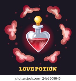 Magic potion. Love elixir bottle. Mystery red liquid. Magical drink. Heart shaped glass vial with romantic smoke. Wizard alchemy lab. Fantasy beverage. Valentine chemistry. Vector witchcraft phial