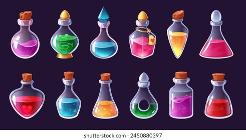 Magic potion. Love elixir, magical liquid bottles and alchemy inventory cartoon game interface elements vector set of elixir magic, alchemy glass liquid, potion bottle love illustration