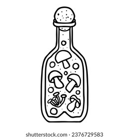 Magic potion with mushrooms. Hand drawn doodle style. Vector illustration isolated on white. Coloring page.