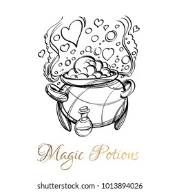 Magic potion. Outline vector illustration isolated on white background. Decorative design element for Halloween, mobile applications, games.