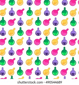 Magic potion pattern. Alchemy glass flasks seamless background for gift wrap, textile, party banners and wallpaper. 