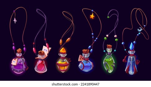 Magic potion pendants set isolated on dark background. Cartoon vector illustration of corked glass bottles on witch necklace with different color liquid substances, poison and love elixir. Game props