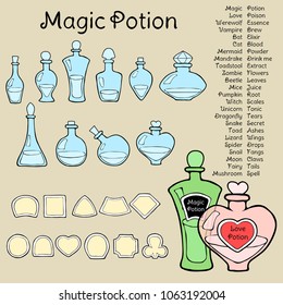 Magic potion, perfume or vintage bottles and labels.