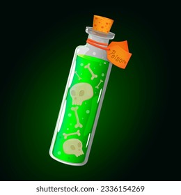 Magic potion, poison in a bottle. Magic elixir game icon, skull and bones. Design element, vector illustration.