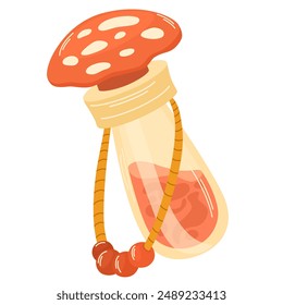 Magic potion. Poisonous mushroom fly agaric. Alchemist bottle with elixir, poison, antidote. Vector fantasy and fairy tales object for design Halloween