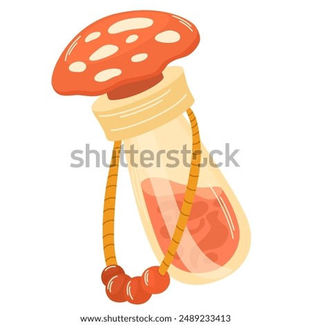 Magic potion. Poisonous mushroom fly agaric. Alchemist bottle with elixir, poison, antidote. Vector fantasy and fairy tales object for design Halloween