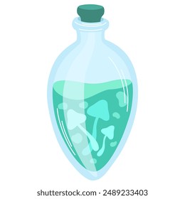 Magic potion with poisonous mushrooms. Alchemist bottle with elixir, poison, antidote. Vector illustration magical laboratory ingredients in bottle for poisoning
 
