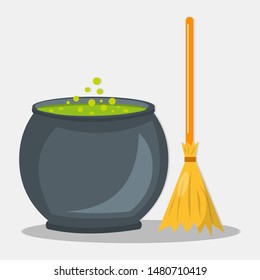 magic potion pot and broom witch for halloween concept vector illustration