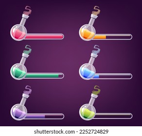 Magic potion progress elixir bottles bar set. Mobile video game health energy resource concept. Vector cartoon graphic design element illustration