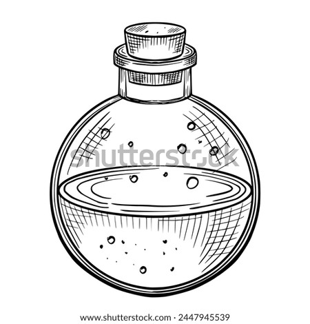 Magic Potion in a round bottle with cork. Vector illustration of witchcraft Poison on isolated background. Etching of elixir for Alchemy painted by black inks. Drawing of Halloween element.