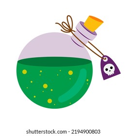 Magic potion in a round bottle. Witch poison. Vector illustration for Halloween