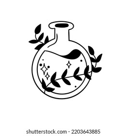 Magic Potion In A Round Glass Bottle. Black And White Vector Clipart.