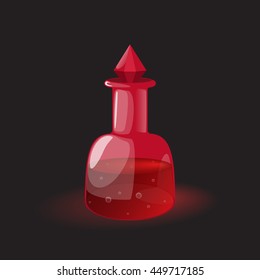 Magic potion in the ruby bottle with stopper game icon. Vector design for app user interface