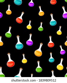 Magic potion seamless pattern for halloween. Cartoon background with liquid flask. Colorful elixir wallpaper.  Trick or treat multicolor design on black. Bottle with toxic substance. Eps 10 design.