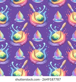 Magic Potion Seamless Pattern on Purple. Colorful Bottles and Spoons Fantasy Design