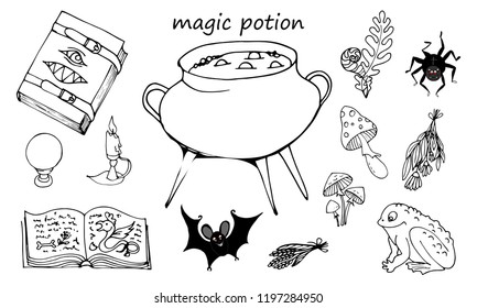 Magic potion, set of elements on a white background, Grimoire, pot with potion and ingredients, vector illustration