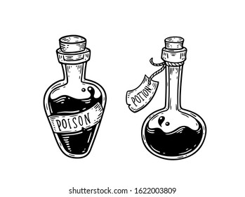 Magic potion set, two glass bottle engraving vector illustration. Magic potion occult attribute for witchcraft with paper label.