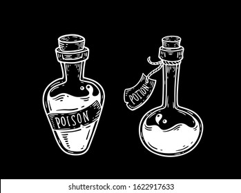 Magic potion set, two glass bottle engraving vector illustration. Magic potion occult attribute for witchcraft with paper label on black background.