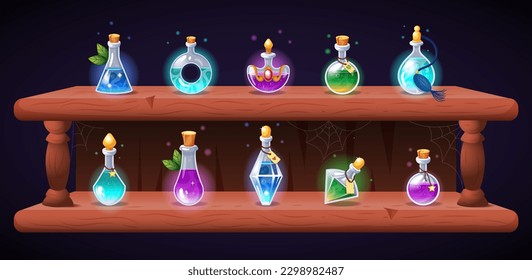 Magic potion shelf for alchemist game. Decorative apothecary poisons. Elixir glass bottles for RPG or witch poster. Wooden rack with fairy balm phials. Vector tidy design illustration