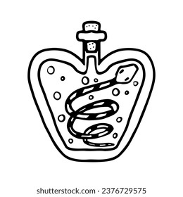 Magic potion with snake. Hand drawn doodle style. Vector illustration isolated on white. Coloring page.