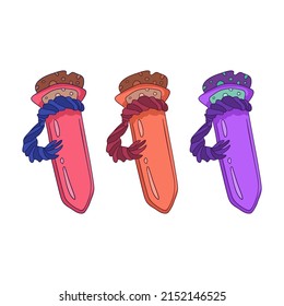 Magic potion vials set. Glass flasks with red elixir for game mechanics and interface green chemical substance with bubbles yellow alchemical liquid sealed corks. Vector potion making.