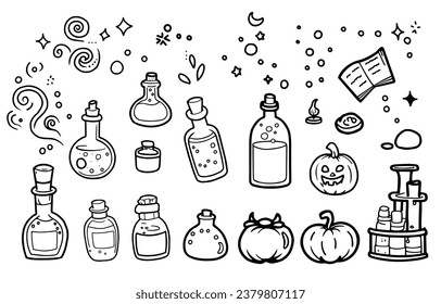 Magic potion and witchcraft coloring page for kids. 
Cartoon children in Trick or Treat Halloween. 
 outlined for coloring page on white background