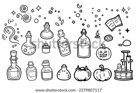 Magic potion and witchcraft coloring page for kids. 
Cartoon children in Trick or Treat Halloween. 
 outlined for coloring page on white background