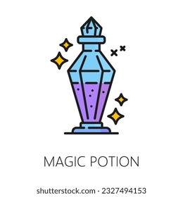 Magic potion witchcraft and magic icon. Enchanting glass vial isolated vector linear sign, symbolizing mystery and power. Sparkling flask featuring spellbinding concoctions and supernatural abilities