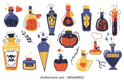 Magic potions. Alchemist cartoon bottles with love potion and magical elixir, witch and wizard magic vials. Witchcraft tools and mystical symbols collection vector doodle drawing isolated on white set