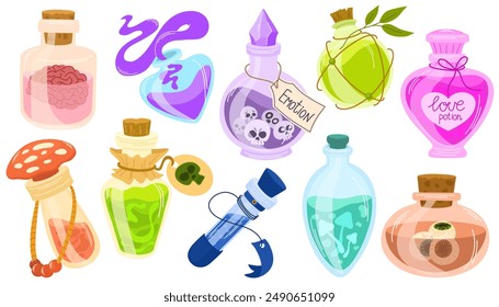 Magic potions. Alchemist cartoon bottles with love potion and magical elixir, witch and wizard magic vials. Witchcraft tools and mystical symbols collection vector doodle drawing isolated on white set