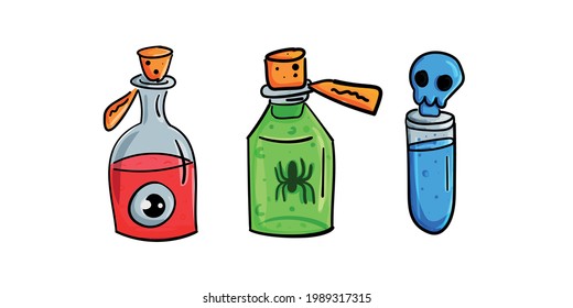 Magic potions or alchemy. Colorful magic jars and bottles of liquid potions. Isolated on white background. Vector