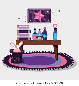 magic potions with books and hat with rabbit