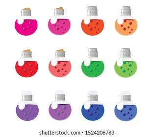 Magic potions with bubbles. Witchcraft or alchemy poison. Round phial, many different colors.  Halloween or game design. Vector illustration isolated. 