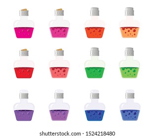 Magic potions with bubbles. Witchcraft or alchemy poison. Square form flask, many different colors.  Halloween or game design. Vector illustration isolated.