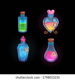 Magic potions in different bottles. Love potion, green, blue and pink potions. Cartoon vector illustration. Icon for games and mobile application.