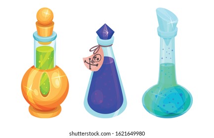 Magic Potions and Elixirs with Colorful Liquids Poured in Glass Fancy Shaped Bottles Vector Set