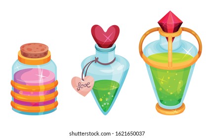 Magic Potions and Elixirs with Colorful Liquids Poured in Glass Fancy Shaped Bottles Vector Set