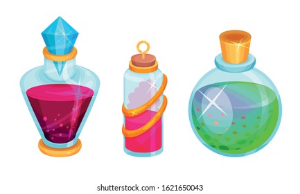 Magic Potions and Elixirs with Colorful Liquids Poured in Glass Fancy Shaped Bottles Vector Set