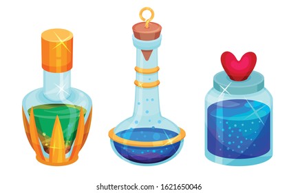 Magic Potions and Elixirs with Colorful Liquids Poured in Glass Fancy Shaped Bottles Vector Set